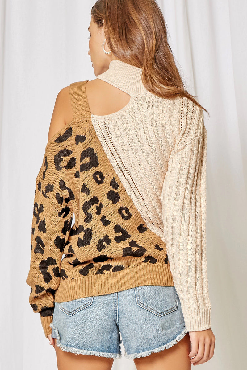 Leopard Taupe Cold Shoulder With Buckle Turtleneck Sweater  Edit alt text